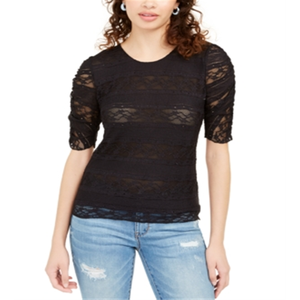 Camicetta in pizzo con laccetti posteriori American Rag Junior's Chic, nera, taglia grande, logo ricamato, tessuto in seta, per ufficio, autunno, primavera. - Product Image 1