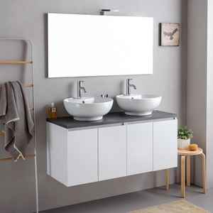 Meuble de salle de bain mural en bois blanc de 120 cm avec dessus anthracite et ensemble miroir Bali - Product Image 1