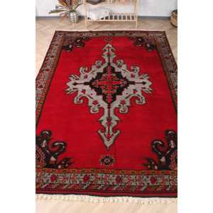 Turkish Oversize Rug 7.1x10.3 ft (215x315 cm), Vintage <b>Red</b> Geometric <b>Wool</b> Rug - Product Image 1
