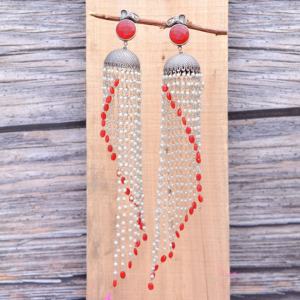 Boucles d'oreilles longues Jhumka en argent oxydé, style bohème, bijoux de mariage indiens pour femmes, design géométrique, cadeaux de fiançailles - Product Image 3