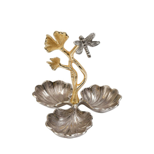 Tazón Decorativo de Alta Calidad con Diseño de Hoja de Ginkgo Dorada y Plateada de Aluminio con Libélula, Tazón de Metal Moderno para Decoración del Hogar - Product Image 1