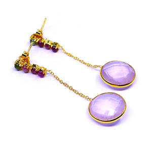 Wedding Wear 925 Sterling Silver Gold Plated <b>Rose</b> <b>Quartz</b> Gemstones Attractive Elegant Hanging Chain <b>Earrings</b> - Product Image 1