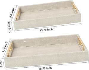 Set of 2 Eco-Friendly Wood Serving <b>Trays</b> with <b>Gold</b> Polished Metal Handles Modern Luxury Square Ottoman Leather Decor - Product Image 1