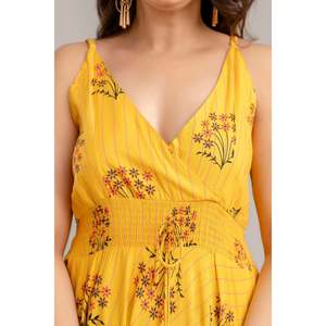 SHKUP1363 sin mangas mostaza Floral estampado Fit Flare Maxi vestido diseño personalizado elegante aberturas translúcido característica libre para el día - Product Image 4