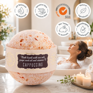 Bombe de bain parfumée au cappuccino, faite à la main, effervescente, avec huile de pépins de raisin, sel marin et vitamine E, soin hydratant pour la peau - Product Image 3