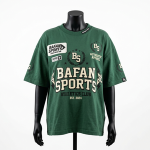 Camiseta Oversize de Algodón de 240 GSM de Corte Holgado para Hombre y Mujer, Estampado Streetwear Verde con Parches - Product Image 1