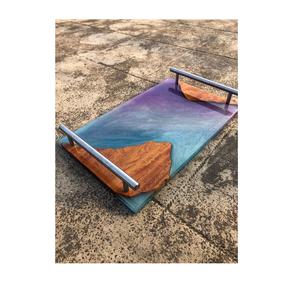 Plateau de service en bois et résine design de luxe et plateau de service en bois Plateau de service décoratif avec poignées en métal - Product Image 5