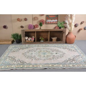 Tapis en laine turque vintage 5.6 X 8.6ft fait à la main classique Beige bleu abstrait Patchwork Design haute qualité en peluche tapis ensembles - Product Image 1