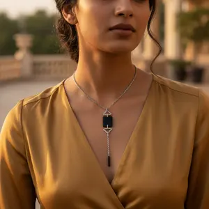 Collier Pendentif Minimaliste Élégant en Argent 925 et Onyx pour Femme, Plaqué Or avec Chaîne à Maillons, Idéal pour Mariage, Fête, Cadeau, Style Religieux - Product Image 2