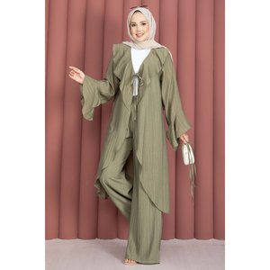 Conjunto Casual de Pantalones Kimono Color Caqui con Cinturón con Volantes, Nuevo Conjunto de Dos Piezas con Estampado de Leopardo en Crepé para Verano o Otoño, Talla XS - Product Image 3