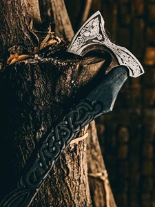 Hache Tomahawk en acier Damas sur mesure en gros, OEM ODM, fabrication professionnelle, manche personnalisé, fourreau en cuir - Product Image 3