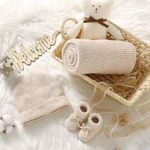 Manta de punto de ganchillo <span class=keywords><strong>para</strong></span> bebé 100% algodón, sombrero, manopla, zapatilla, conjunto de regalo personalizado - Product Image 4