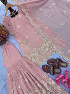 Conjunto de traje de trabajo de verano de corte recto, estilo vintage, con top, sharara y dupatta, de georgette Foux de alta densidad, con bordado de lentejuelas sólidas, cintura natural y largo hasta la rodilla. - Product Image 6