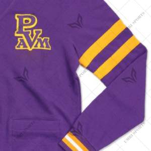 Cárdigan de punto personalizado PRAIRIE VIEW A & M para hombre con logotipo bordado color púrpura con rayas doradas - Product Image 2