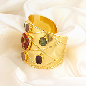 Trendy jewelry natural uncut raw multi stone with mohave <b>ruby</b> copper turquoise adjustable <b>bracelet</b> 18k gold plated designer cuff - Product Image 4