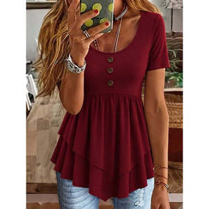 Blusa de viscosa con dobladillo asimétrico y botones, cuello redondo y manga corta para mujer, 33850 - Product Image 1