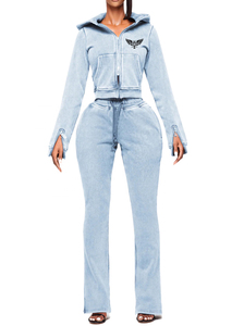 KY Acid Wash 100% Polyester Respirant Écologique Haute Qualité Exclusif Zip Crop Hoodie Dames Survêtement 2 Pièces Ensemble - Product Image 2