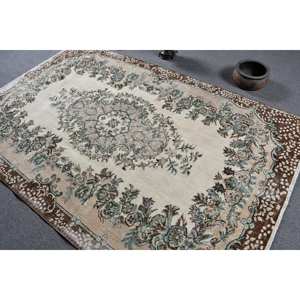 Tapis turc Vintage marron beige classique 5.3 X 8.3ft laine faite à la main avec support en Latex Patchwork motif tapis de chevet rectangulaires - Product Image 4