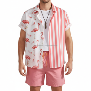 Conjunto de Camisa y Pantalones Cortos de Verano para Hombre, Personalizado OEM, Casual, Transpirable, de Spandex/Algodón, con Cuello de Botones en Degradado - Product Image 1