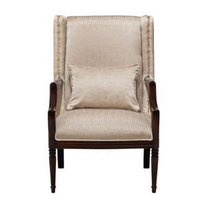 Fauteuil de salon en bois massif néoclassique de luxe avec garniture en clous dorés et coussin lombaire assorti - Product Image 1