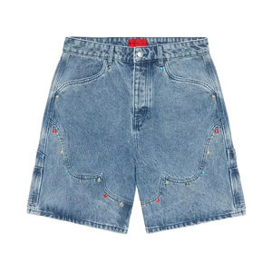 Short en jean taille moyenne tissé hip-hop décontracté d'été pour hommes avec strass de style baggy vintage - Product Image 1