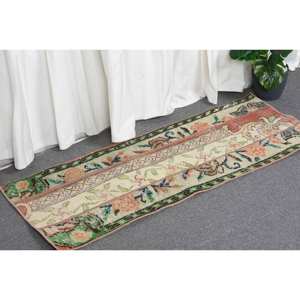 Tapis en laine turque vintage 1.6x4,1 pieds Beige et vert grande zone de patchwork rectangulaire avec support en latex pour décor de couloir - Product Image 3