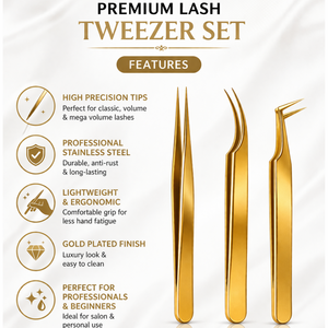 Kit professionnel de 3 pinces à cils en acier inoxydable doré, pinces droites et courbées pour volume, outil d'extension de cils OEM - Product Image 3