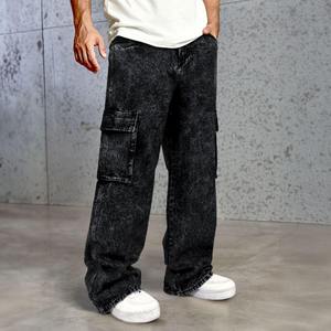 Pantalones Vaqueros Cargo Negros Deslavados Vintage al por Mayor, Jeans Holgados para Hombre - Product Image 5