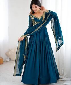 Traje Anarkali Premium Color Verde Azulado con Bordado Intenso y Diseño de Vestido con Vuelo |   Conjunto de Fiesta para Mujer - Product Image 1