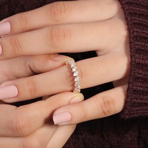 เครื่องประดับเพชรเม็ดเดี่ยวสีทอง10K สำหรับผู้หญิงแหวนแต่งงานหมั้นลายดอกไม้ประดับเพชรเม็ดแพร์ชุบทอง14K ของขวัญ - Product Image 5