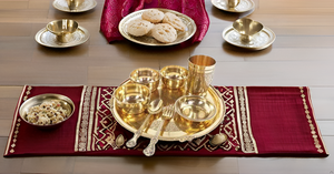 Indian Traditional Embossed <b>Dinner</b> Set Handcrafted Brass Thali Plate Bowls with Glass Spoon Beautiful Tableware Gift for <b>Dinner</b> - Product Image 5
