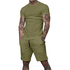 Ensemble t-shirt et short de survêtement d'été pour hommes 100% coton à manches courtes 2 poches respirant - Product Image 1