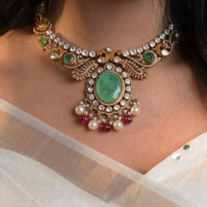 Regal Gulabi Bagh Gajaah 925 Silver <b>Pink</b> Sapphire Polki Diamond Emerald Traditional Bridal <b>Jewellery</b> Set For Women - Product Image 3