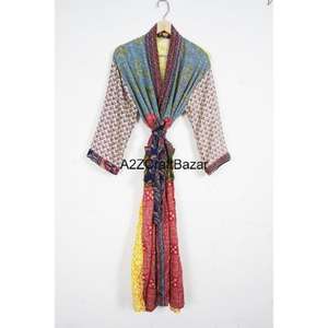 Kimono long en soie 100% fait main pour femmes, de haute qualité, patchwork vintage, robes de demoiselle d'honneur, col en V, fermeture à cordon - Product Image 4