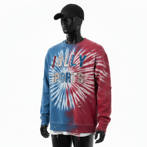 Premium Acid Wash <b>Sweatshirt</b> Soft Cotton Fleece Tie Dye Blue <b>Red</b> Distressed Style Embroidery Custom Logo Basic <b>Sweatshirt</b> - Product Image 4