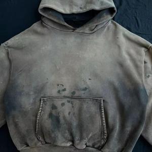 Sweat à capuche 100% coton en polaire pour hommes 350gsm personnalisé chaud Batik lavé à l'acide Streetwear strass bouton col pull surdimensionné haut - Product Image 6