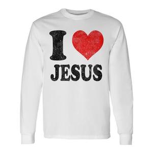 T-shirt à manches longues « J'aime Jésus » en coton, col rond, unisexe, adulte, cadeau religieux pour l'église - Product Image 1