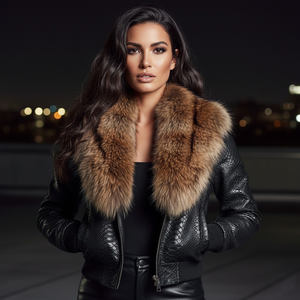 Blouson aviateur et motard en cuir véritable pour femme avec col en fourrure de renard, coupe-vent d'hiver, fermeture éclair - Product Image 4