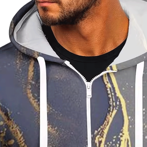 Sudadera con Capucha y Cremallera para Hombre, Diseño de Mármol, Estilo Casual, Chaqueta con Estampado Gris y Dorado, Sudadera con Capucha Ligera y Moderna para Uso Diario - Product Image 2