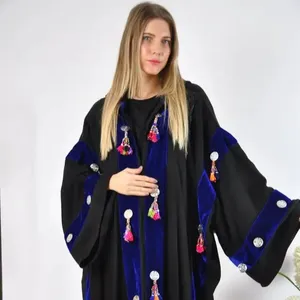 Yeni varış kadın benzersiz gümüş paraları tasarımcı kadınlar için kapüşonlu ceket çingene tarzı kadife Abaya elbise
