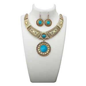 Collar llamativo Urthn 1110059A Piedra azul turquesa con chapado en oro antiguo Conjunto de joyería de moda - Product Image 1