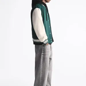 Chaqueta Varsity Verde para Hombre, Color Sólido, Cierre de Botones, Cuello Camisero, Corte Regular, Estilo Casual Preppy, Ropa de Otoño - Product Image 4