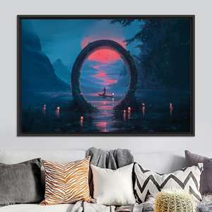 Lienzo Sunset Fantasy Portal: Impresión de Viaje en Barco por el Lago Místico, Lienzo con Marco Negro - Product Image 1