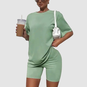 ฤดูร้อนสีทึบเสื้อยืดและกางเกงขาสั้นสุภาพสตรีที่กําหนดเอง Biker ชุดเสื้อผ้าผู้หญิงเสื้อยืดกีฬา 2 ชิ้นผู้หญิงกางเกงขาสั้นชุด - Product Image 6