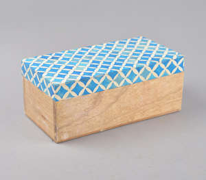 Handcrafted Luxury Wooden Decorative Box Featuring Elegant Multi Tone Blue Diamond Inlay Pattern Lid Rectangular Keepsake - Product Image 1