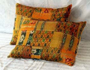 ผ้าไหมหลายสีผ้าคลุมหมอน Kantha,อินเดียโบฮีเมียนเย็บปะติดปะต่อกันหมอน, 20x28 นิ้วทําด้วยมือโบราณ Kantha โยนหมอน - Product Image 6