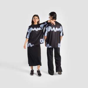 Solid Black with Light Blue Overspray Jersey T-<b>Shirt</b> <b>100</b>% <b>Polyester</b> Compressed Sublimation Transfer Print 240g Fabric Weight - Product Image 1