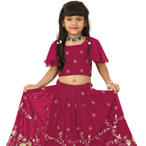 Conjunto de Lehenga Choli de Moda Shoryam para Niñas, Color Rosa, Bordado en Malla, Completamente Cosido, Largo hasta el Suelo, Ropa Étnica India para Fiestas y Bodas - Product Image 1