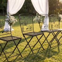 Chaise pliante décorative en fer, chaise de mariage, chaise en métal avec dossier à motifs floraux, design pliable, siège extérieur commercial