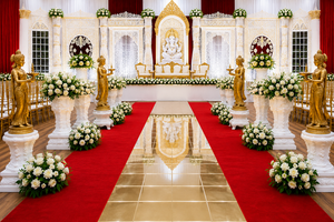 Decoración de Escenario para Recepción con Temática Clásica Tamil, Mandap de Boda Indio de Lujo en Blanco y Dorado, Decoración de Escenario para Boda Indio en EE. UU. - Product Image 3